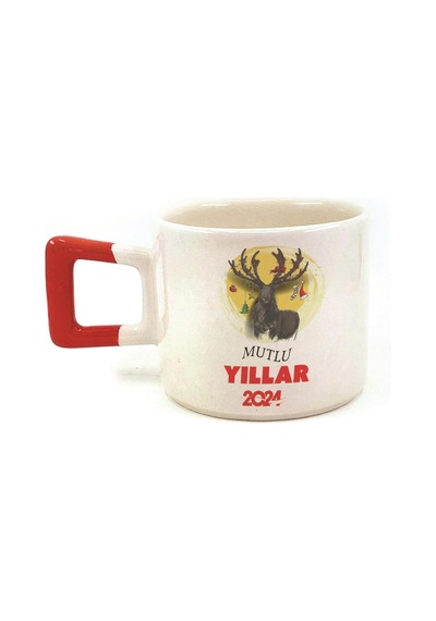 Mutlu Yıllar 2024 Geyik Baskılı Kırmızı Kulplu Kare Yılbaşı Kupası