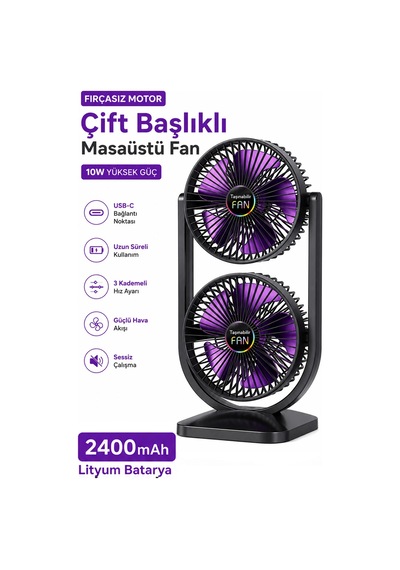 Exenar - Siyah - Çift Başlıklı Masaüstü Fan Brushless Motor 10w Güçlü Vantilatör Ayarlanabilir Başlık 2400 Mah Şarjlı