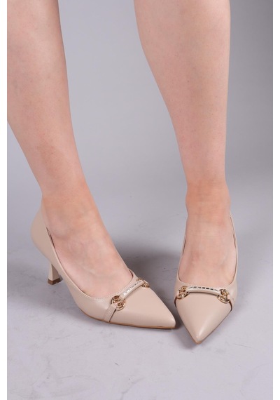 Birikon Lepel Taşlı Gold Tokalı Stiletto Bej-8505 Bej