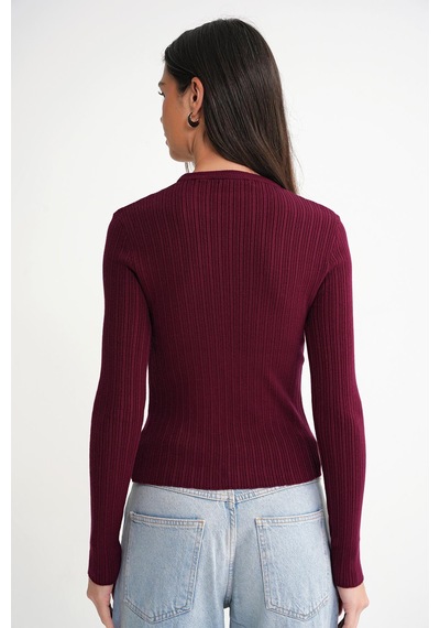 Mixray 6938 Kadın Bisiklet Yaka Fitilli Triko Body Bordo