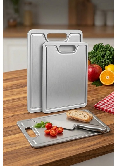 Solingen Paslanmaz Çelik Gıda Dostu Kesme Tahtası 2'li Set Parmak İzi Bırakmaz Inox