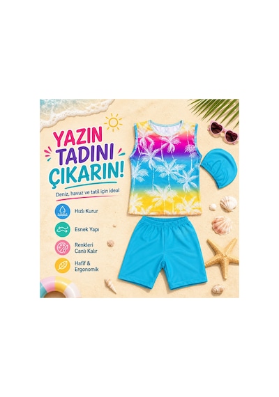 Rony Pony Kids Kız Çocuk Palmiye Desenli 3 Lü Mayo Takımı Şort, Kolsuz Üst Ve Bone Turkuaz Rony Pony Kids Kız Çocuk Palmiye Desenli 3 Lü Mayo Takımı Şort, Kolsuz Üst Ve Bone Turkuaz