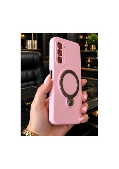 İnfinix Hot 60 Pro Plus İle Uyumlu 360 Derece Dönebilen Kalın Metal Magsafe Halka Stantlı İçi Kadife Korumalı Ultra Lüx Premium Silikon Kılıf Pembe