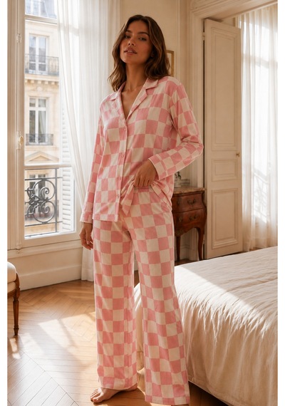 Kadın Relax Fit Düğme Pembe Pijama Takımı