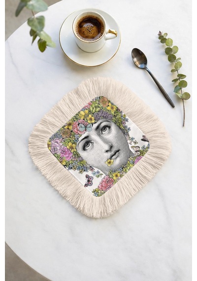 Çiçekli Portre Püsküllü Sunum Peçetesi - Vintage Bohem Pastel Krem Bardak Altlığı Mendil Sisli Açık Hardal