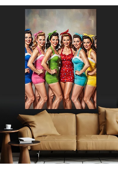 Ahşap Tablo Renkli Elbiseli Pin-up Kadınlar