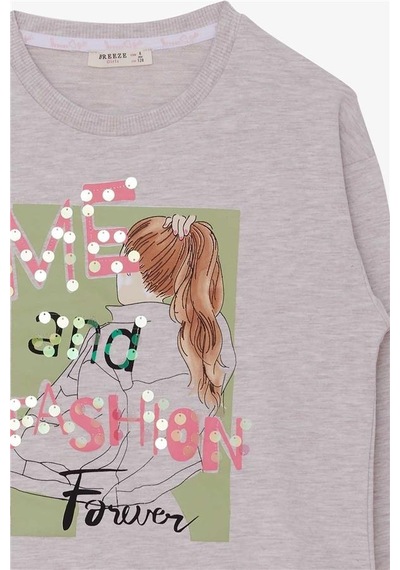 Kız Çocuk Breeze Sweatshirt Pullu Kız Baskılı Bej Melanj (8-14 Yaş)