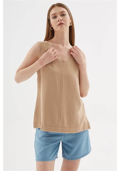 Fashion Friends V Yaka Bej Kadın Bluz 26y0530k1