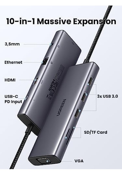Usb C Yerleştirme İstasyonu 10&apos U 1 Arada 4k Hdmı, Vga, 3 X Usb A 3.0, Pd 100w, Ethernet, 3,5 Mm Ses, Sd/tf İle