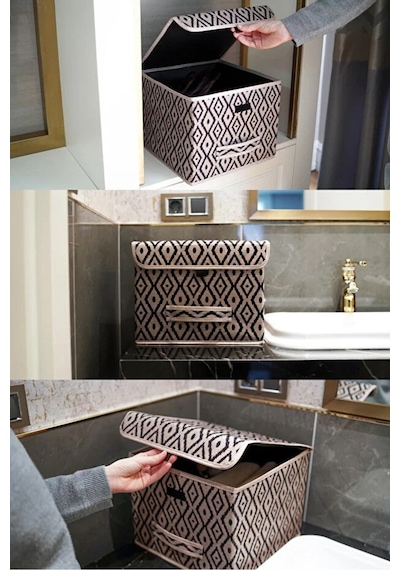 3 Adet Bohe Çok Amaçlı Kapaklı Kutu, Dolap Raf Düzenleyici, Dekoratif Saklama Kutusu 30x30x23 Cm Gri-beyaz