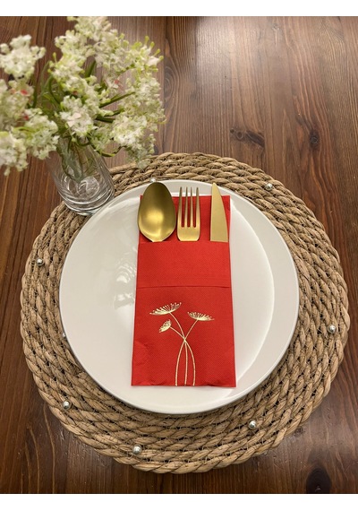 Gold Yaldızlı Kırmızı Cepli Havuç Çiçeği Peçete 12 Adet 40x40