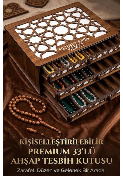 Kişiye Özel İsim Yazılabilir 3 Katlı Ahşap Tesbih Kutusu 30'luk Tesbih Organizer Kutusu Diğer