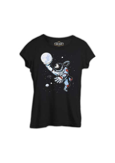Astronaut Playing Basketball With The Moon Siyah Kadın Tshirt 001