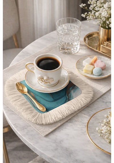 Mermer Efektli Lüks Püsküllü Sunum Peçetesi - Akua Gold Modern Krem Saçak Bardak Altlığı Mendil Çok Renkli