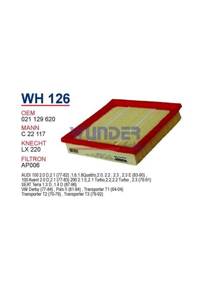 Wunder Wh126 Hava Filtresi - Audi 100-200 I.E -Vw Golf Ii 540129546