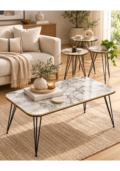 Odera Efes Beyaz Mermer Desenli Orta Sehpa Ve Yuvarlak Zigon Sehpa 4'lü Set Siyah Tel Metal Ayaklı Retro Modern Salon Sehpası Diğer