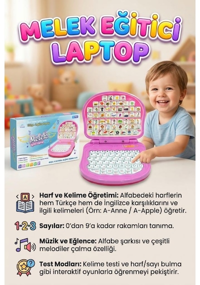 Melek Laptopum Sesli Müzikli Türkçe - İngilizce İnteraktif Alfabeyi Sayıları Öğreten Oyuncak Laptop