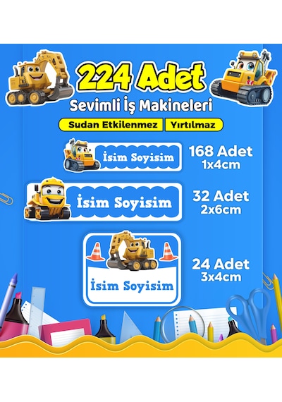 İş Makineleri Temalı Okul Kreş Kişiye Özel İsim Etiket Seti - Model 559 Çok Renkli