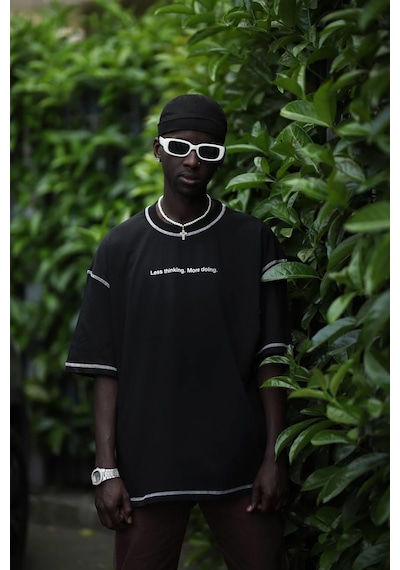 Oversize Bisiklet Yaka Baskılı Ve Zikzak Dikiş Detaylı Erkek Yazlık T-shirt 001