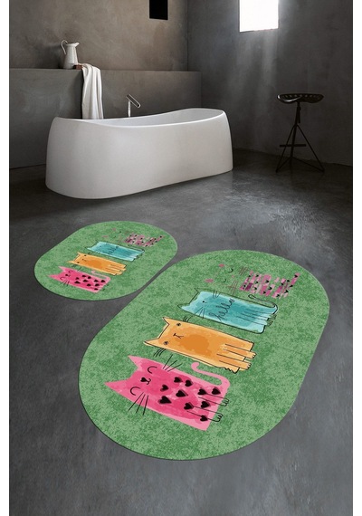 Buççin Online Mağaza Dijital Kaymaz Yıkanabilir Kedi Desen Oval Banyo Takımı Klozet Takımı-yeşil Polyester Yeşil Çok Renkli