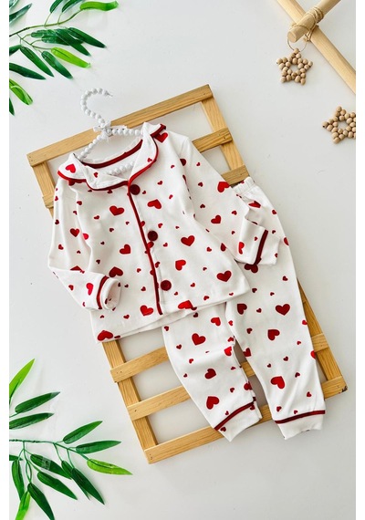 Miniğimin Cicileri Kalp Baskılı Penye Kız Bebe Pijama Takımı ... Kırmızı