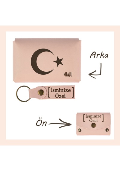 Miaju Yavru Ağzı, Ay Yıldız Desenli, İsme Özel, Cüzdan Ve Anahtarlık Set, Hediyelik Anı, Özel Günler İçin Yavruağzı