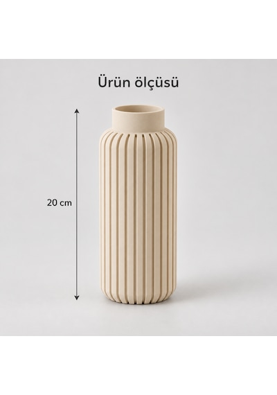 Dikey Çizgili Dekoratif Vazo 20 Cm Modern Silindir Tasarım Bej
