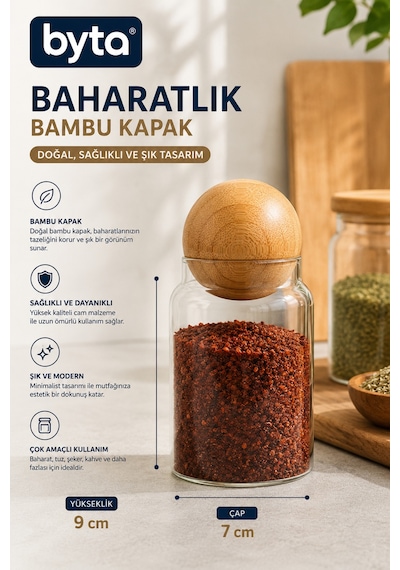 Bambu Kapaklı Cam Baharatlık 9x7 Cm Cam Saklama Kavanozu Diğer