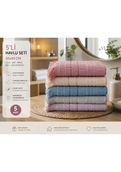 5'li El Ve Yüz Havlusu Seti 50x90 Cm Pamuklu Yumuşak Dokulu Yüksek Emici Günlük Kullanım Bej