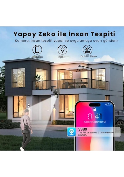 Solar Kamera Wifi V380 Pro Güneş Enerjili 10x Zoom 6mp 2 Lens Alarm Ses Akıllı Wifi Güvenlik Kamera
