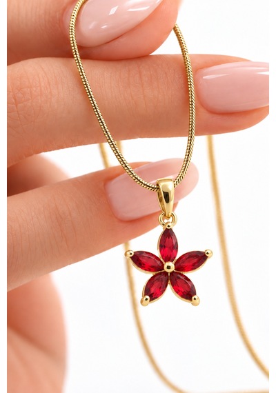 Kızıl Taşlı Lotus Çiçeği Gold Renk Çelik Kadın Kolye
