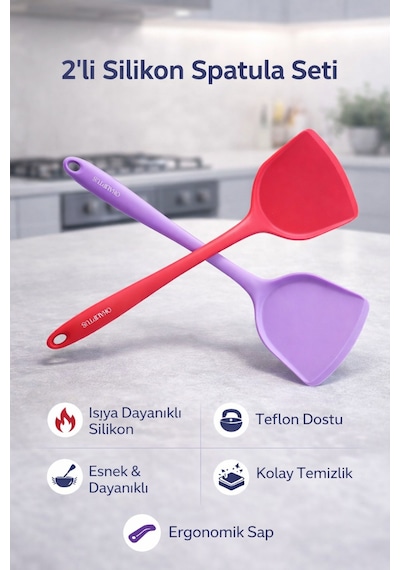 2 Adet Sert Uçlu Ekstra Geniş Ağızlı Silikon Spatula Mor&Kırmızı