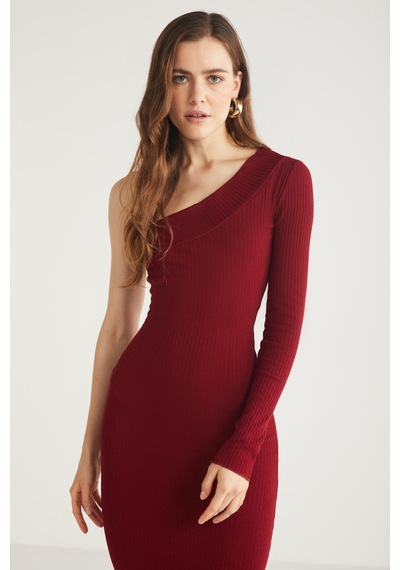 Ethıquet Reddısh Kadın Slim Fit Dar Kesim Vücudu Saran Kaşkorse Midi Boy Bordo Elbise