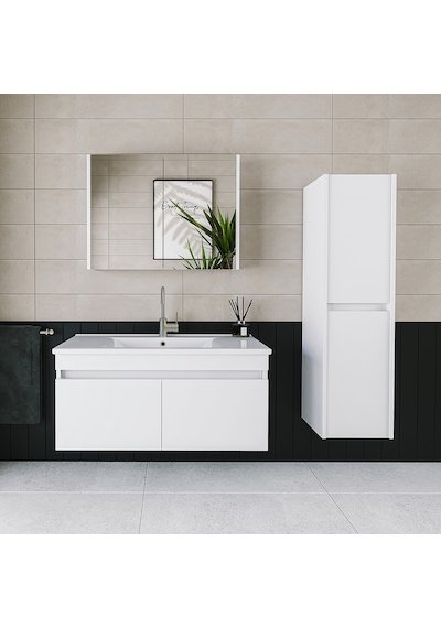 Banos Tm3 Lavabolu Beyaz 100 Cm Aynalı Banyo Dolabı Takımı Beyaz