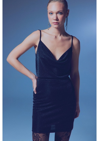 Sateen Simli Degaje Yaka Bluz - Siyah-135303 Siyah