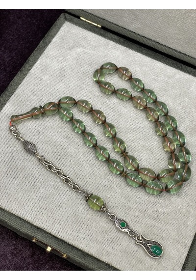Alpaka Lale Uçlu Arpa Kesim Zar Renginde Ateş Kehribar Tesbih 7x11 Mm Yeşil