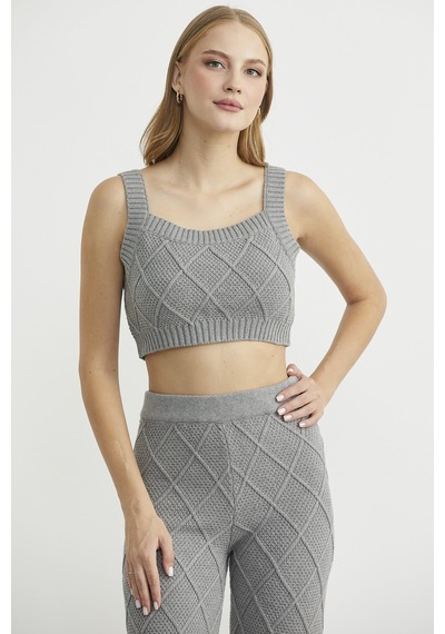 Sementa Pamuk Crop Pantolon Triko Takım - Gri Gri