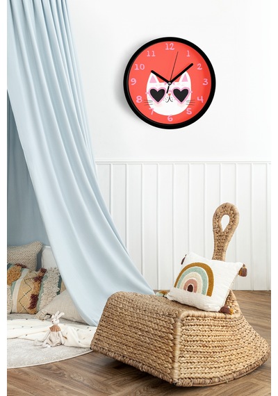Süslü Kedi Tasarım Modern Duvar Saati - Çocuk Odası Duvar Saati - 25cm - Önü Camlı Siyah Kasa-jh1101 Siyah