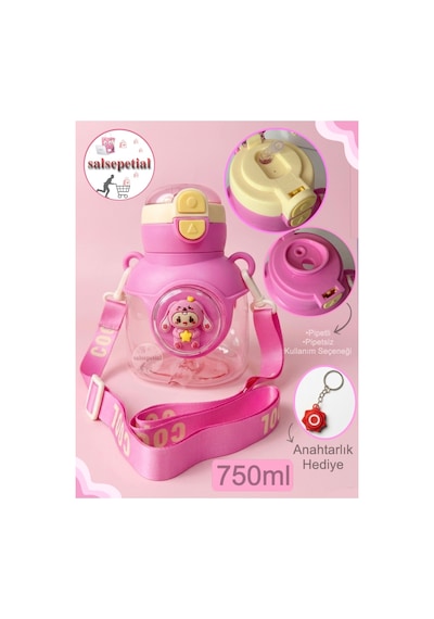 Ayıcık Su Matarası Ayıcıklı Suluk Figürlü Su Şişesi Ayıcık Matara Askılı Pipetli Matara 750ml Pembe