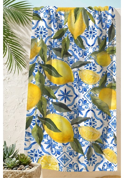 Limon Temalı Akdeniz Çini Plaj Havlusu - Tropikal Modern Mavi Sarı Hızlı Kuruyan Mikrofiber Havlu Gölgeli Mimoza Limon Temalı Akdeniz Çini Plaj Havlusu - Tropikal Modern Mavi Sarı Hızlı Kuruyan Mikrofiber Havlu Gölgeli Mimoza