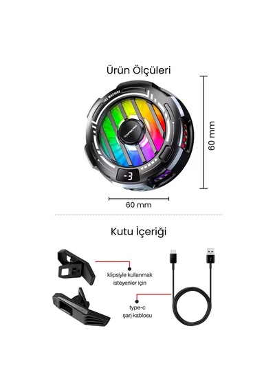 3 Kademeli Manyetikli I Göstergeli I Rgb Aydınlatmalı Cep Telefonu Soğutma Fanı Radyatör Soğutucu Siyah