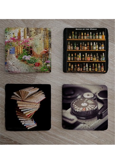 Kitaplar Sokak Bira Şişeleri Ve Fotoğraf Makinesi Doğal Taş Bardak Altlığı 4'lü Set - Natural Stone Coasters - Taş Çok Renkli
