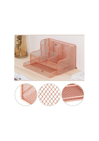 Temel Rose Gold Metal Mesh Masaüstü Organizer Çekmeceli Çok Bölmeli 25x17x16 Cm 9527r