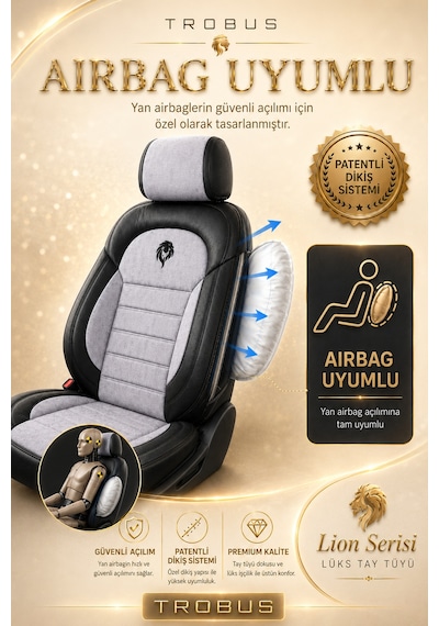 Renault R9 Broadway 1990-2000 Uyumlu Lion Serisi Tay Tüyü Gri Siyah Premium Koltuk Kılıfı