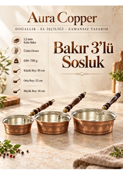 3'lü Kalın Bakır Sosluk Seti 1,2 Mm El İşlemeli Ahşap Saplı - Üzüm Desenli 10-12-14 Cm