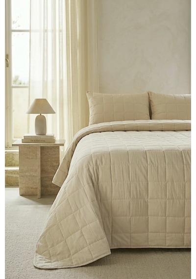 Ocean Home Textile %100 Pamuk Kumaş Kapitoneli Bej Çok Amaçlı Çift Kişilik Yatak Örtüsü Seti 1 Adet 250 X 230 / 2 Adet 50 X 70 Cm