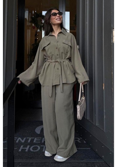 Seeh Haki Uzun Kollu Oversize Kadın Takım Sh338 Standart