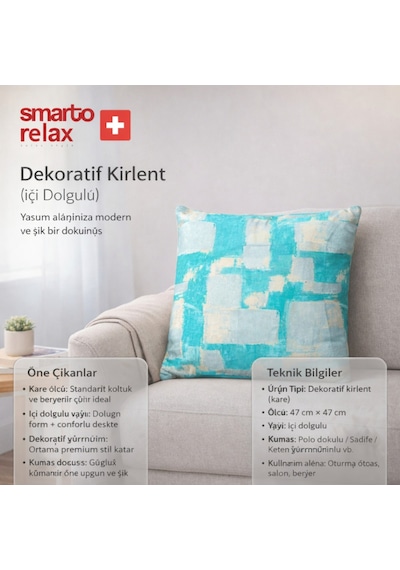 Smarto Relax Içi Dolgulu Kırlent 45x45 Cm Kare Salon & Berjer Kırlenti Beyaz - Mavi