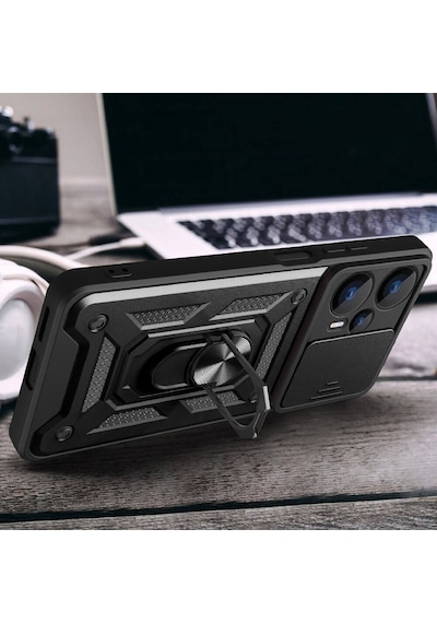 Xiaomi Poco F5 İle Uyumlu Kılıf Magnetik Standlı Kamera Korumalı Sürgülü Kapak