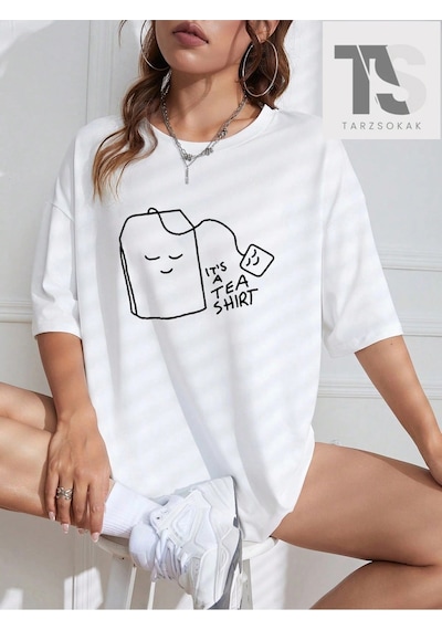 Startmore Karikatür & Slogan Grafikli Düşük Omuzlu Oversize Tişört Beyaz